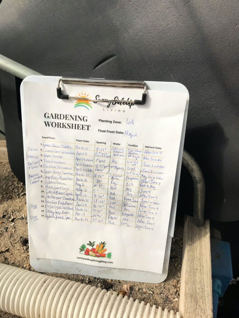 gardening worksheet on clipboard