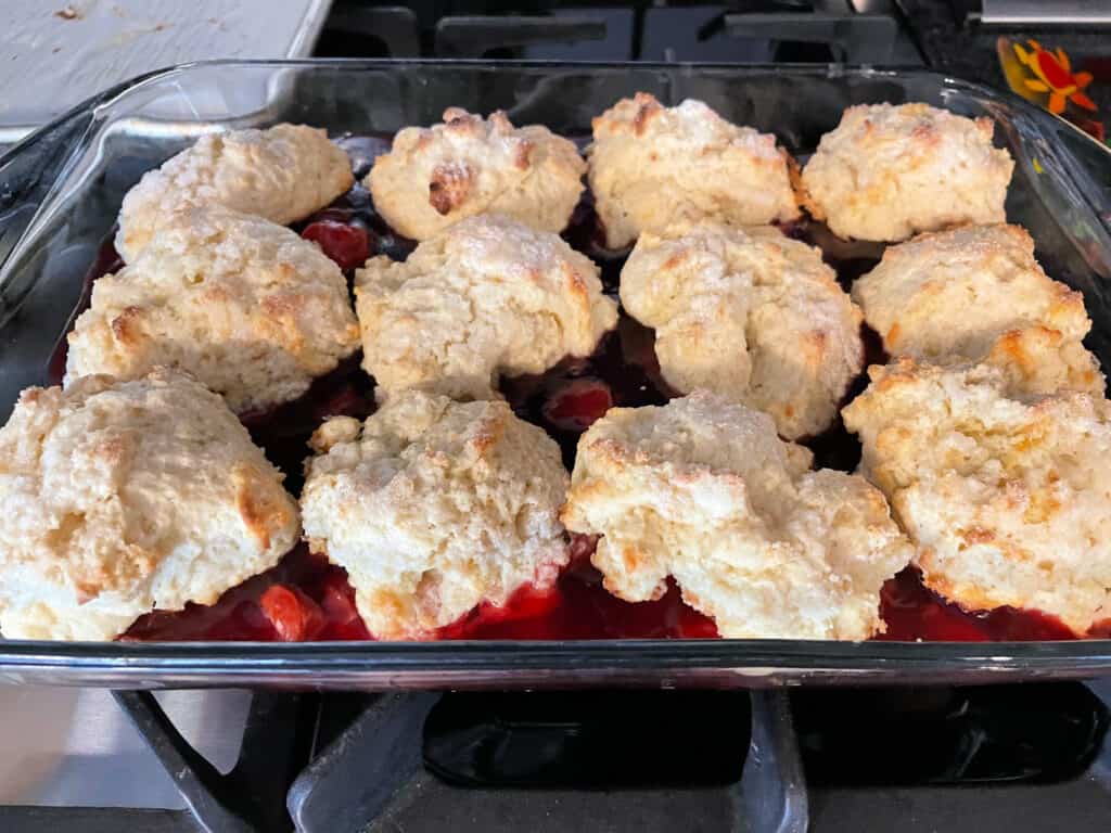 cobbler biscuits over filling in a large baking dish